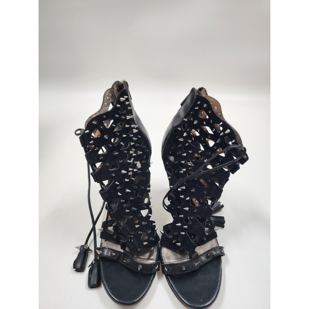 Sam Edelman Black Spiked Studded Cage Lace Up Heels Tassel Sandals Stiletto